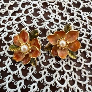 Joan Rivers Gold and Orange Floral Clip  Earrings